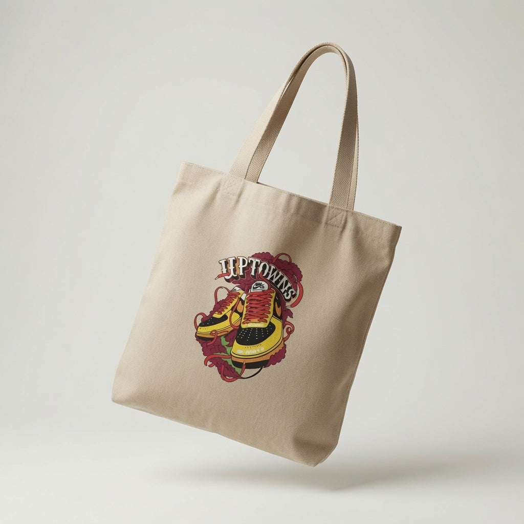 Uptowns Yellow & Black Sneaker Graphic Canvas Tote Bag - Vintage Streetwear Shoulder Bag