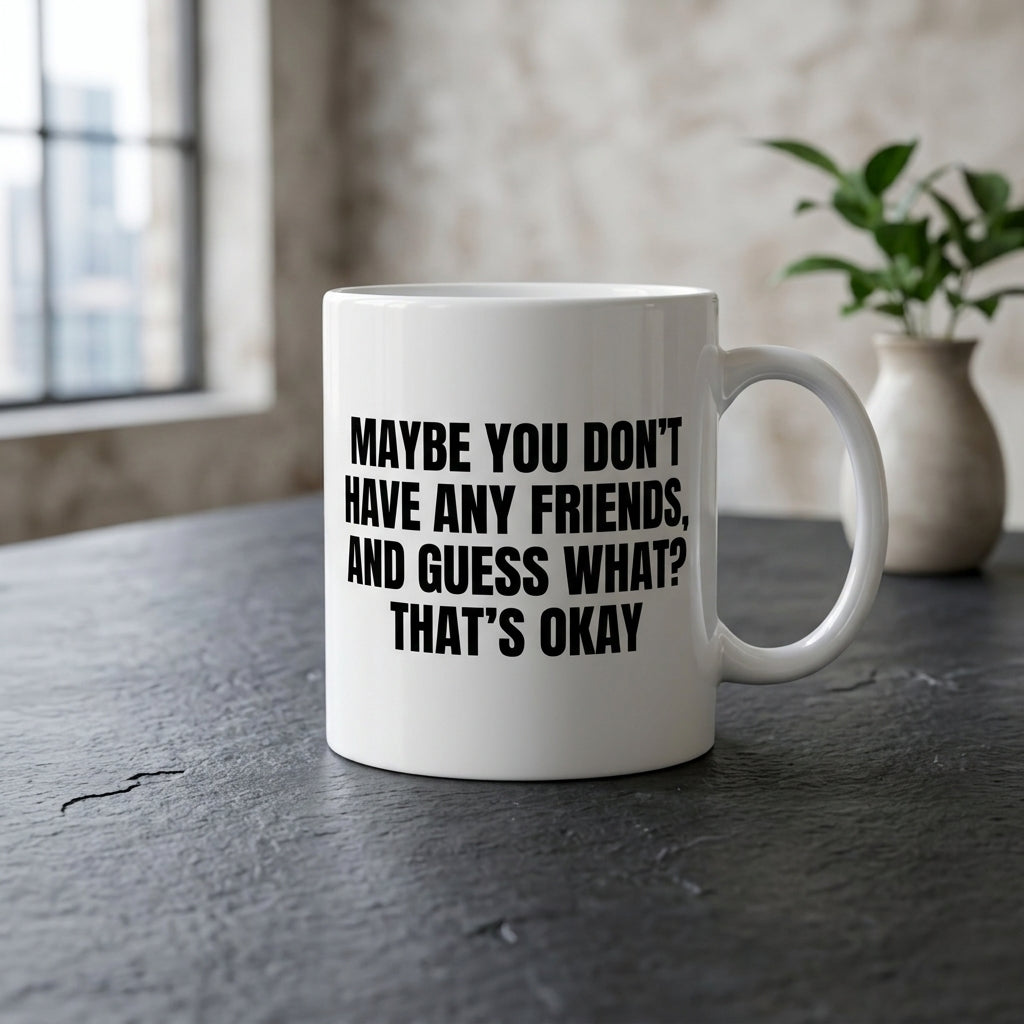 Maybe You Don't Have Any Friends That's Okay Funny Ceramic Coffee Mug - Hilarious Introvert Humor Sarcastic Drinkware Cup (11oz)