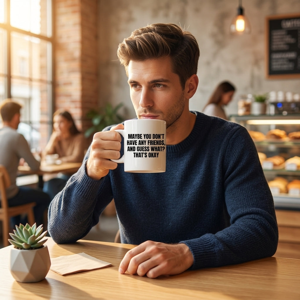 Maybe You Don't Have Any Friends That's Okay Funny Ceramic Coffee Mug - Hilarious Introvert Humor Sarcastic Drinkware Cup (11oz)