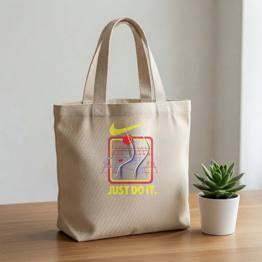 Retro Synthwave Grid "Just Do It" Yellow Nike Swoosh Cotton Canvas Tote Bag