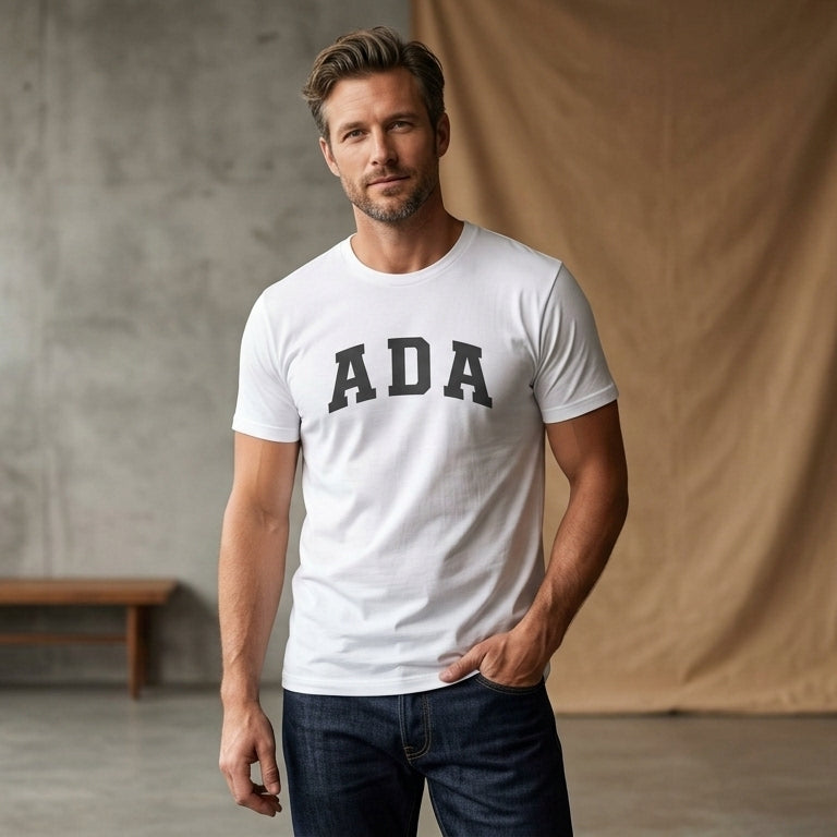 ADA Classic College Varsity Block Typography Graphic T-Shirt - Premium Soft Cotton Crew Neck Tee in White & Blue