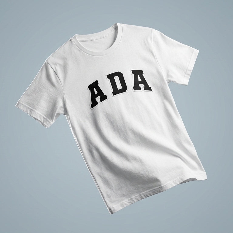 ADA Classic College Varsity Block Typography Graphic T-Shirt - Premium Soft Cotton Crew Neck Tee in White & Blue
