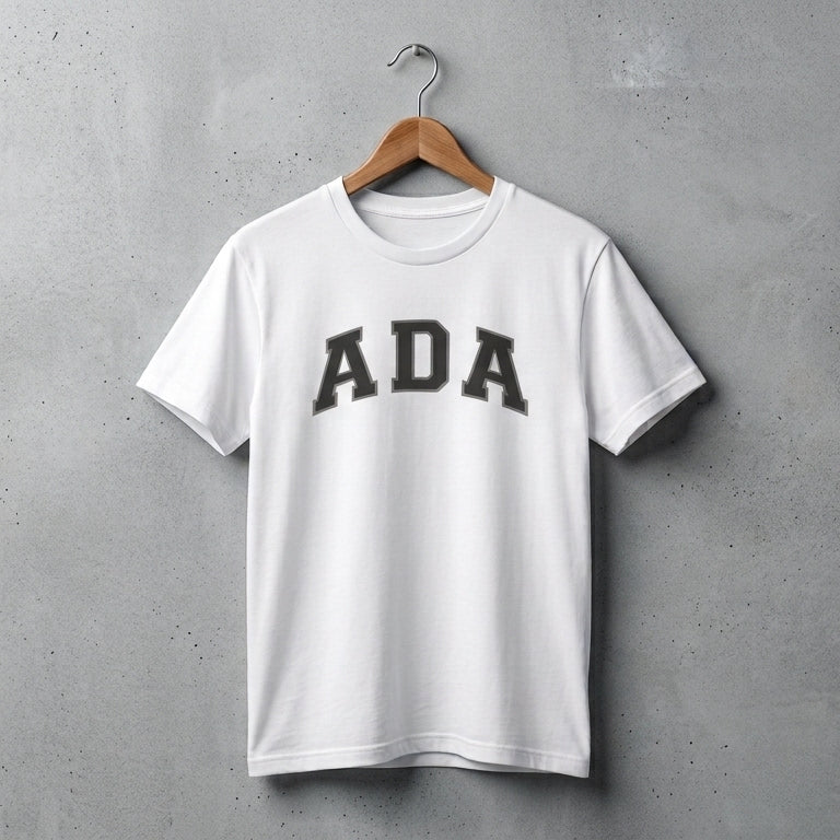 ADA Classic College Varsity Block Typography Graphic T-Shirt - Premium Soft Cotton Crew Neck Tee in White & Blue