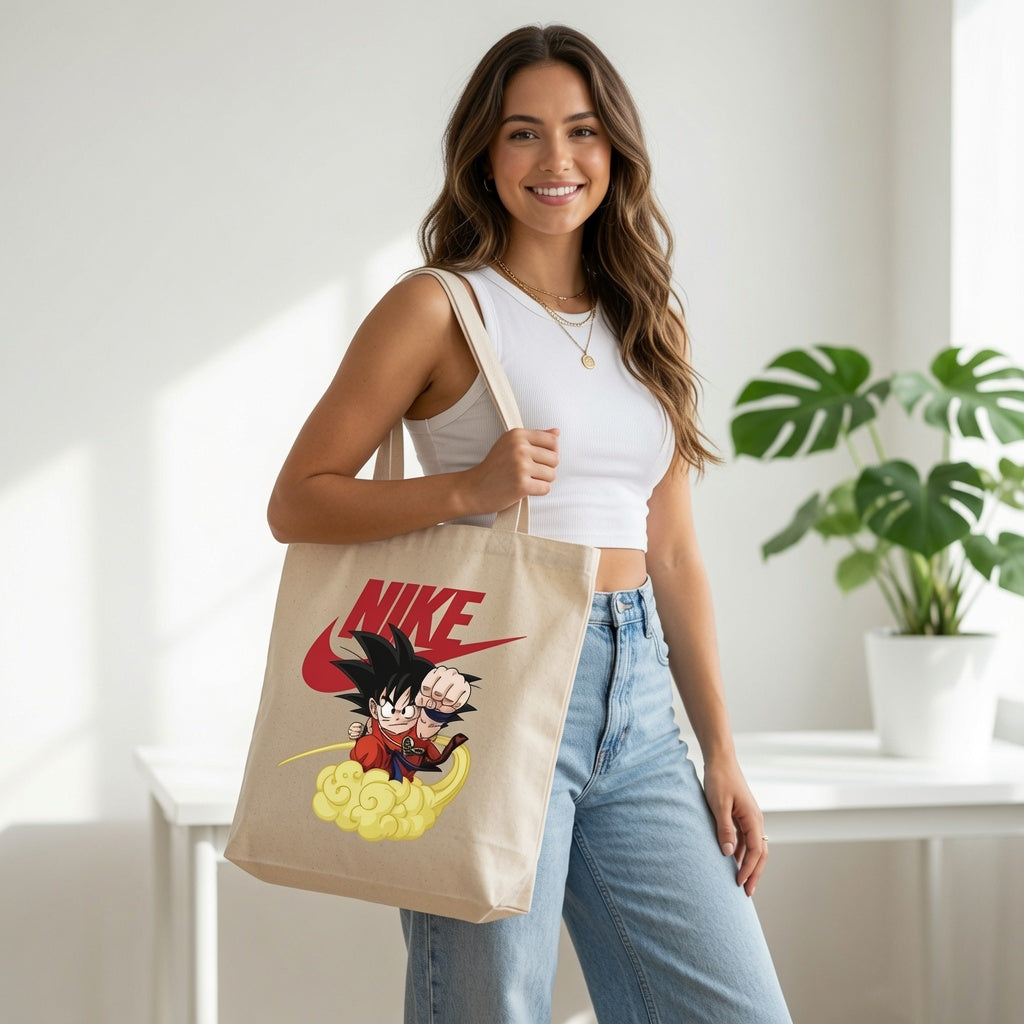 Kid Goku Flying Nimbus Graphic Canvas Tote Bag - Aesthetic Anime Shoulder Bag