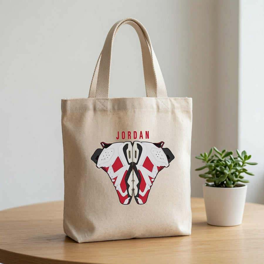 Symmetrical Retro Red & White Sneaker Pair "JORDAN" Cotton Canvas Tote Bag