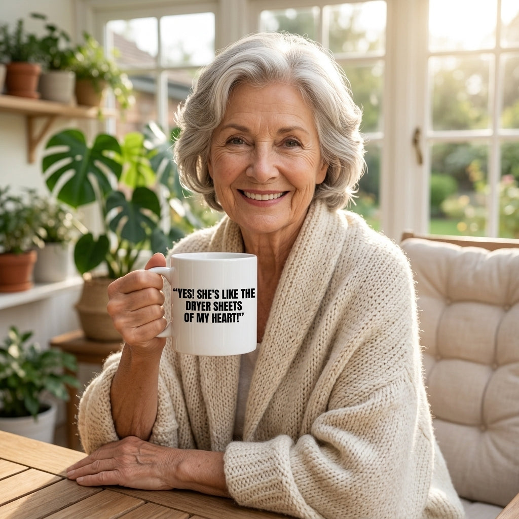 Yes She's Like The Dryer Sheets Of My Heart Funny Ceramic Coffee Mug - Hilarious Sarcastic Romantic Quote Drinkware Cup (11oz)